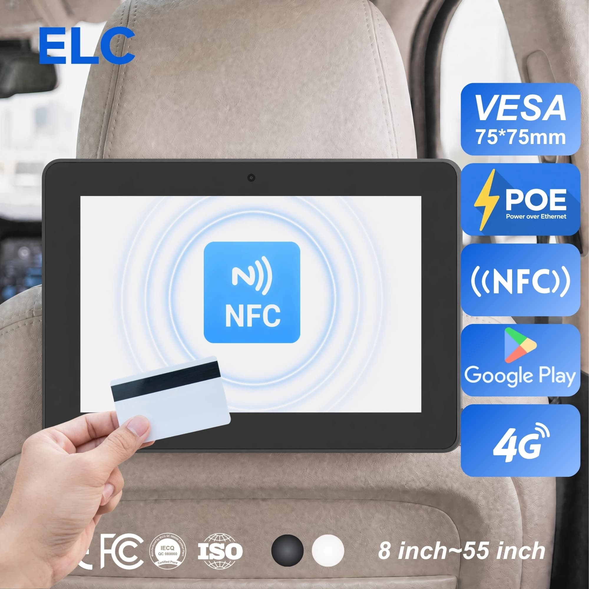 10.1" Taxi Headrest POE Digital Signage For SoftPOS NFC Credit Card Payment Android Advertising Player With 4G LTE Slot Optional