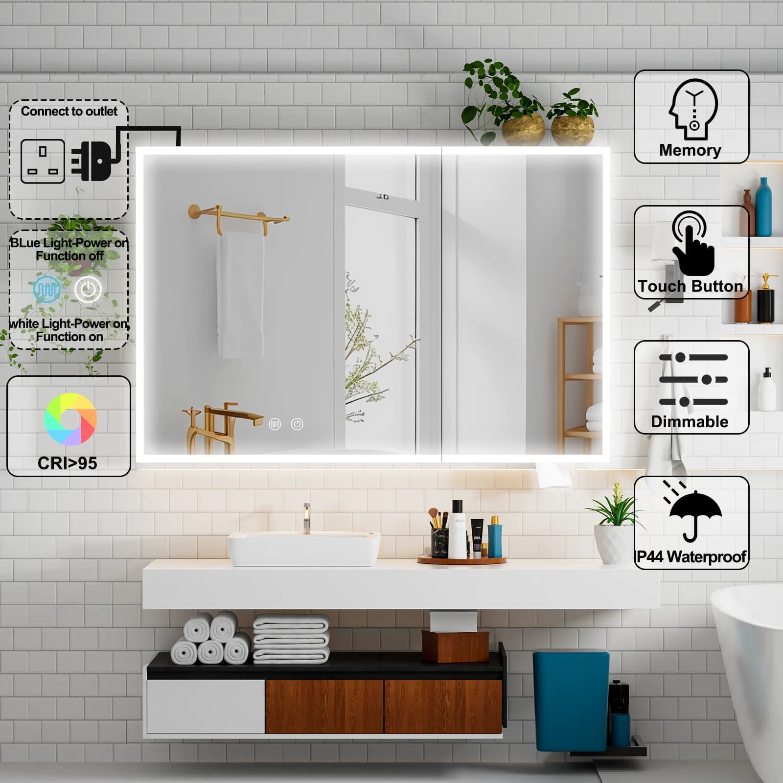 Armadietto a specchio a LED per bagno, sensore tattile, luci illuminate, antiappannamento
