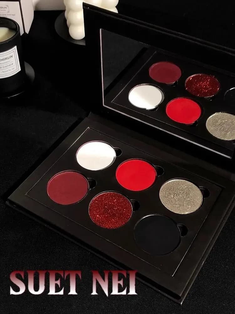 SUETNEI Sang Yue Palette di ombretti a 6 colori, glitter gotico rosso-nero, bianco e grigio, argento scintillante, colore a lunga durata