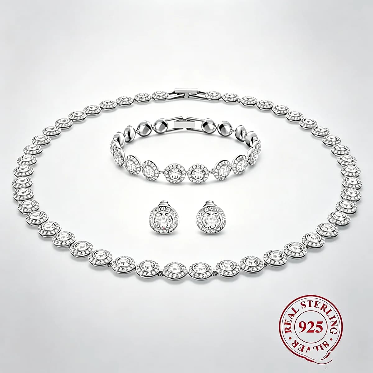 Set di gioielli rotondi in argento sterling S925, orecchini, bracciale e collana unici, per uso quotidiano, feste e banchetti.