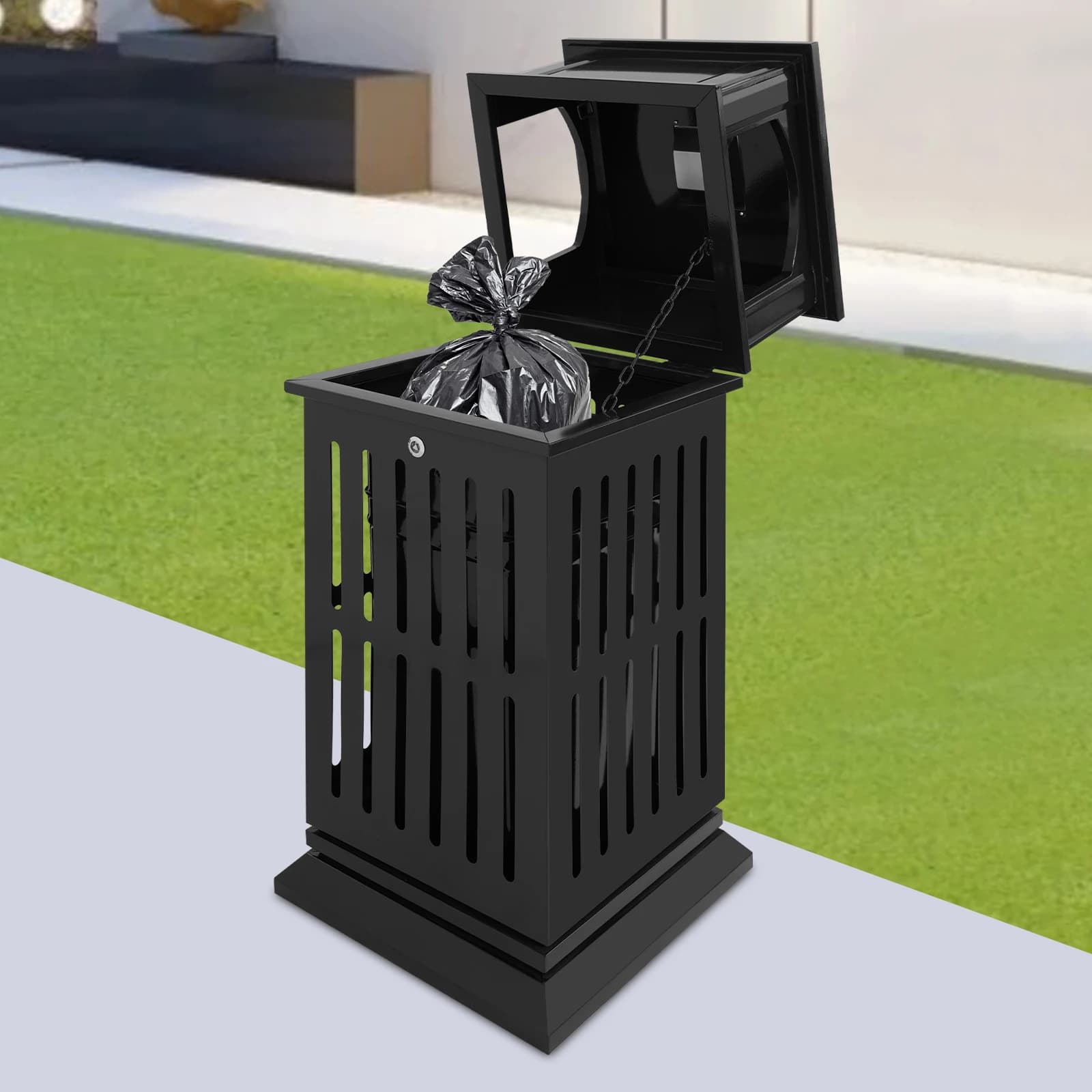 Pattumiera nera per esterni (elegante e facile da mantenere) - Nero moderno e minimalista + linee lisce e adatta per scene all'aperto, superficie liscia
