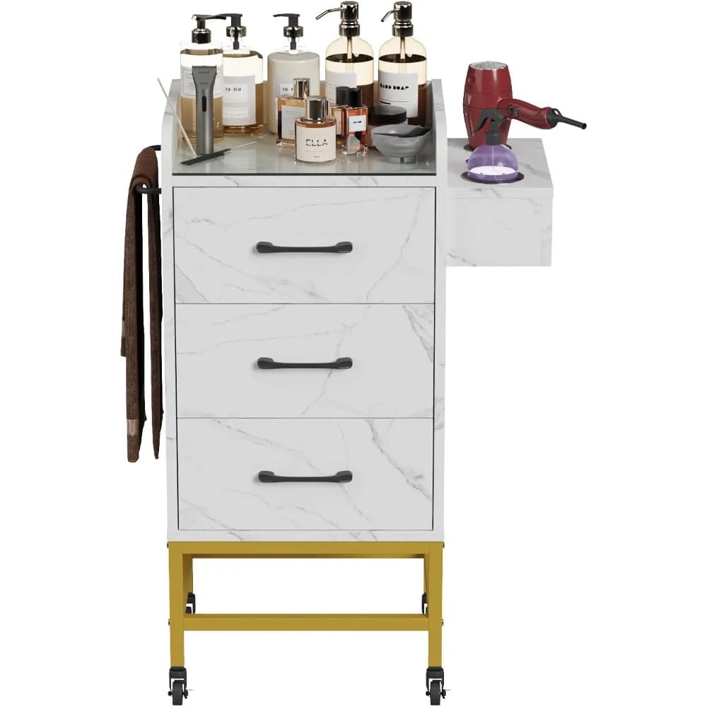 Carrello portaoggetti per salone, stazione da barbiere con rotelle con piano in vetro temperato, cassetti, supporti per asciugacapelli, portasciugamani, ruota localizzabile