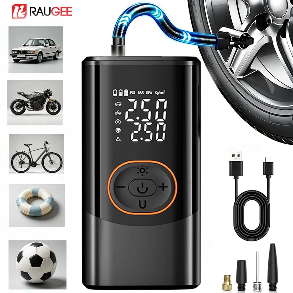 Compressore d'aria portatile senza fili per gonfiaggio pneumatici, mini pompa digitale portatile per auto, moto, palloni da calcio
