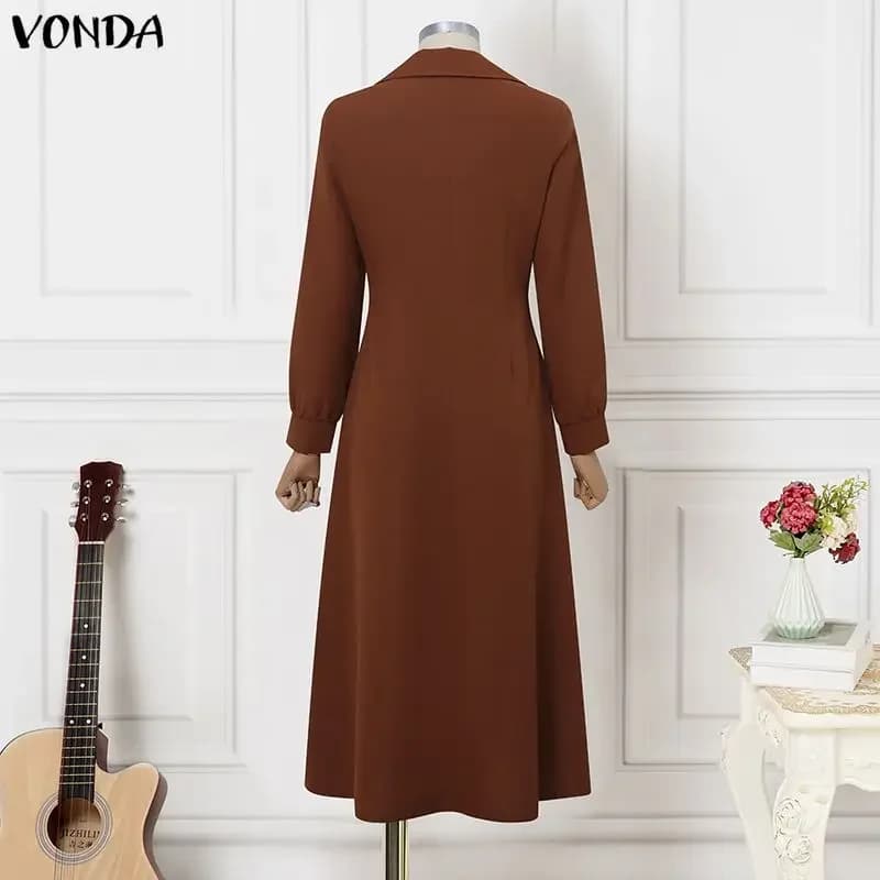 VONDA Abiti Eleganti da Festa Donna a Maniche Lunghe con Risvolto Tinta Unita Vestiti Midi 2026 Autunno Primavera Bottoni Moda Robe Taglie Forti 5XL