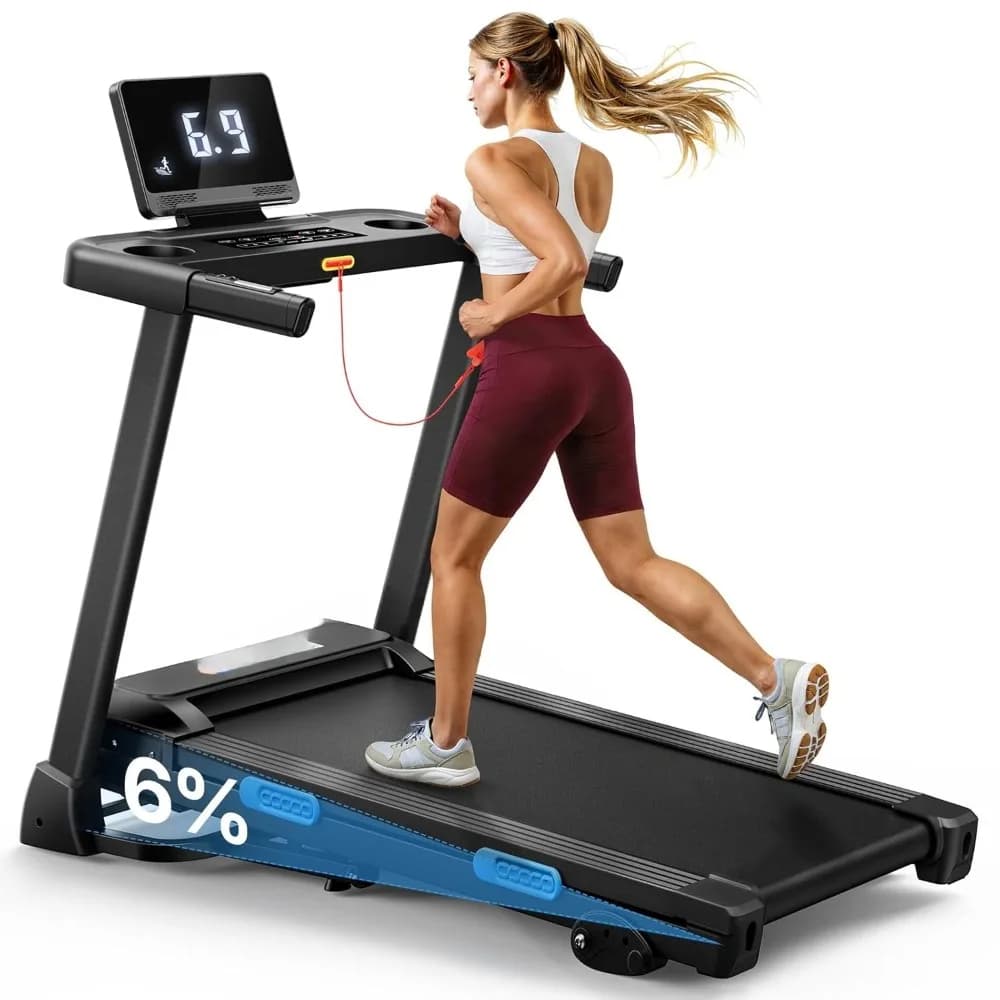 Inclineable treadmill with Inclination 6%-15%, 7-layer tape, 300 LBS capacity, Foldable treadmill with handle, Customizable