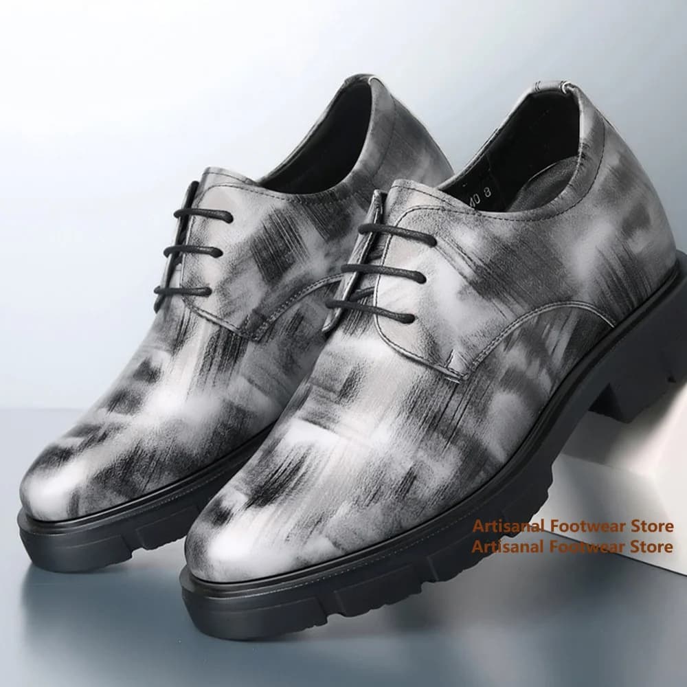 Men's Abstract Ink Brush Print Leather Oxford Shoes Height Increasing Lace-Up Round Toe Thick-Soled Business Formal Dress Shoes