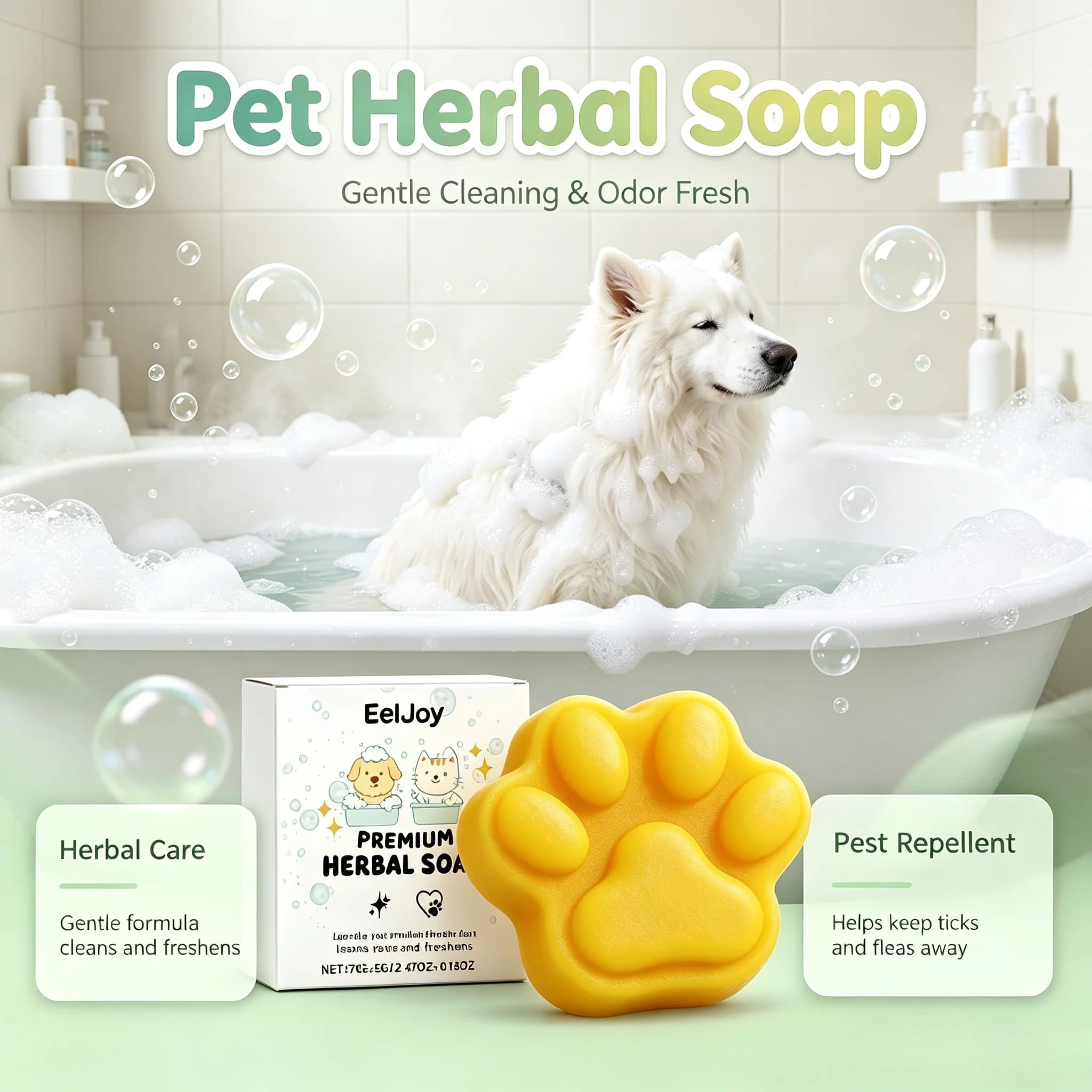 EELJOY Pet Soap For Cats Dogs Daily Grooming Cleaning Remove Odor Freshen Skin Gentle Natural Plant Pet Hair Care Bath Soap 75g
