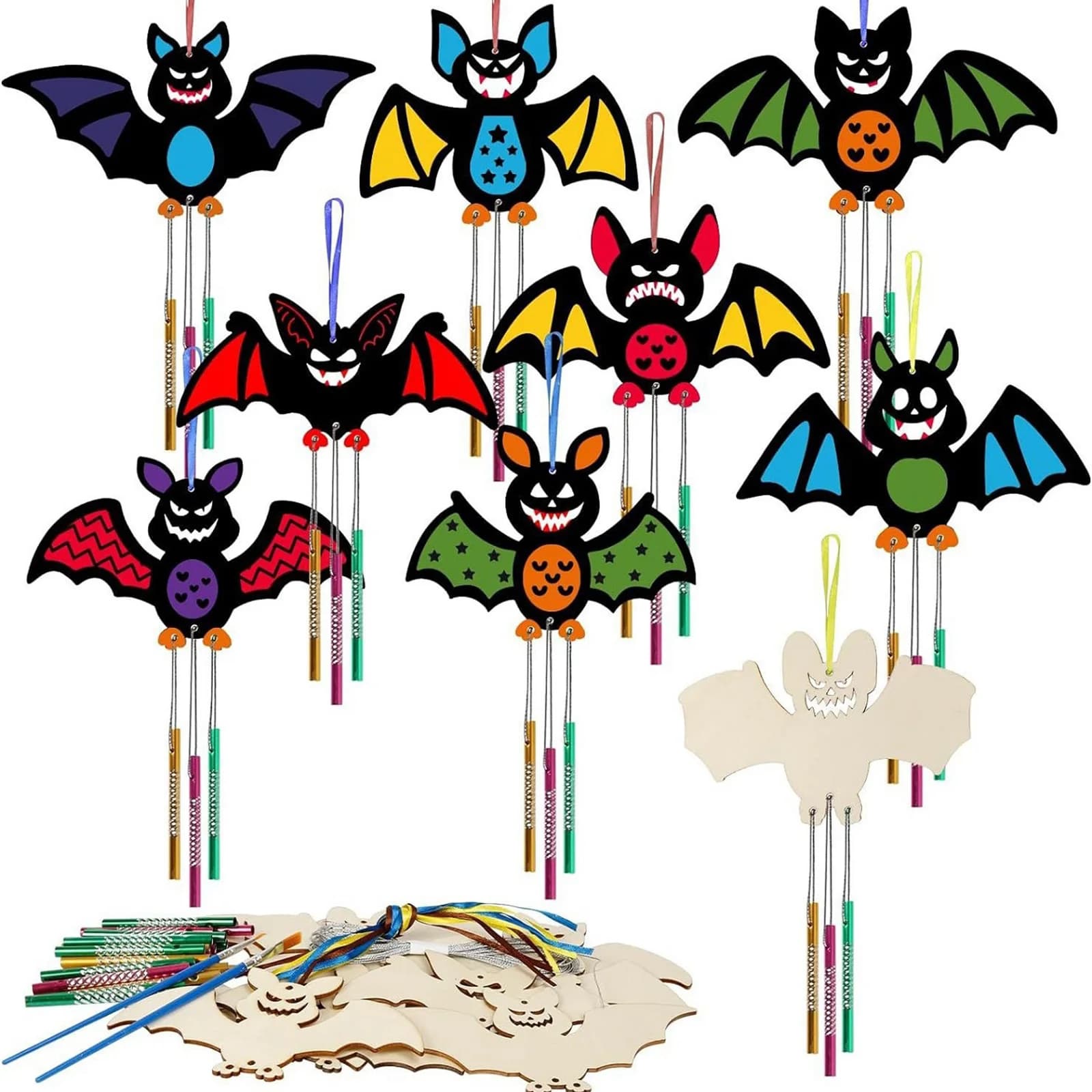 9 Pcs Halloween Wooden Wind Chime Bat Ghost Shaped DIY Hanging Decoration Spooky Wind Bell for Room Garden Courtyard Lawn