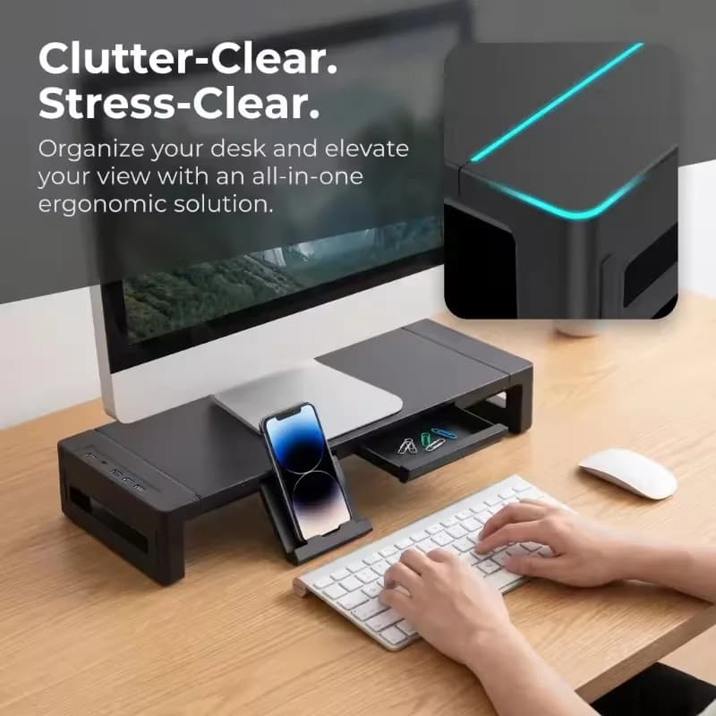 USB3.0 ABS+Metal Monitor Stand with Docking Station Desktop Riser Laptop Holder Multifunctional Office Desk Organizer