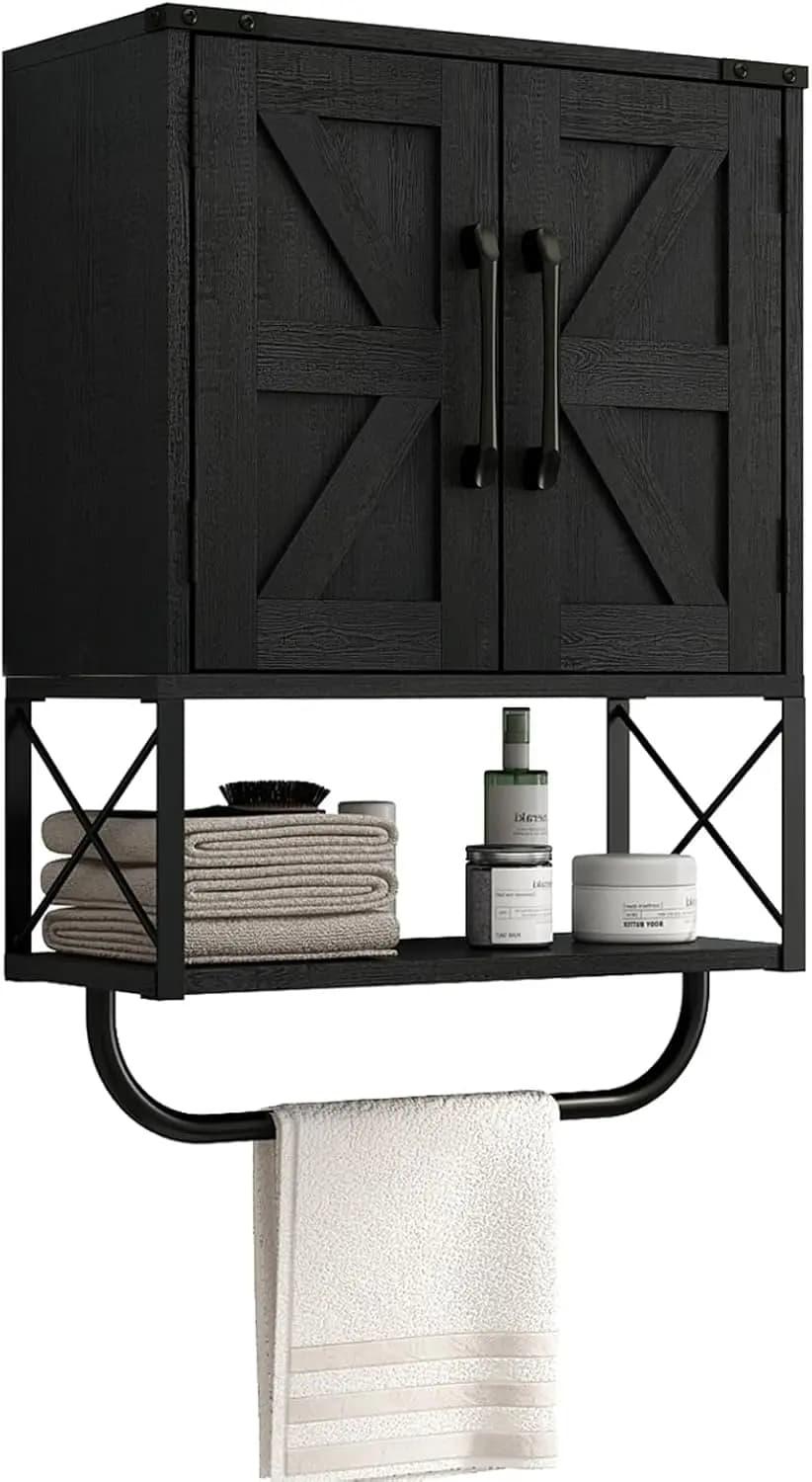 Mobiletto da Parete Stile Fattoria con Porta Scorrevole, Scaffale in Legno a 3 Livelli per Bagno e Soggiorno con Ripiano Regolabile e Porta Asciugamani