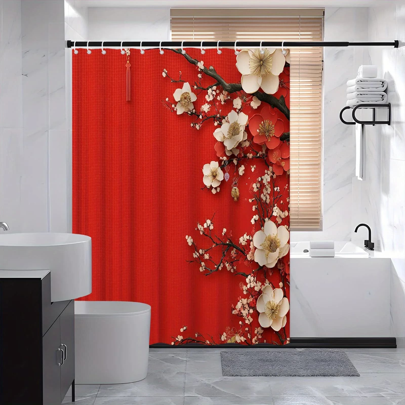 ~O~Elegante tenda da doccia con ramo floreale, rossa con fiori bianchi e rosa, nappe, poliestere intrecciato, lavabile in lavatrice