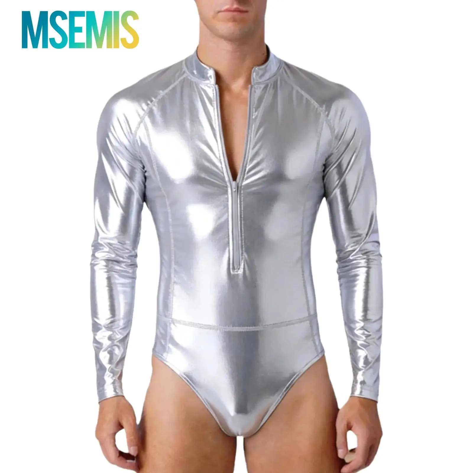 Costume da Bagno Uomo Metallizzato Lucido, Tuta Intera con Zip, Maniche Lunghe, per Ginnastica, Astronauta, Alieno, Carnevale