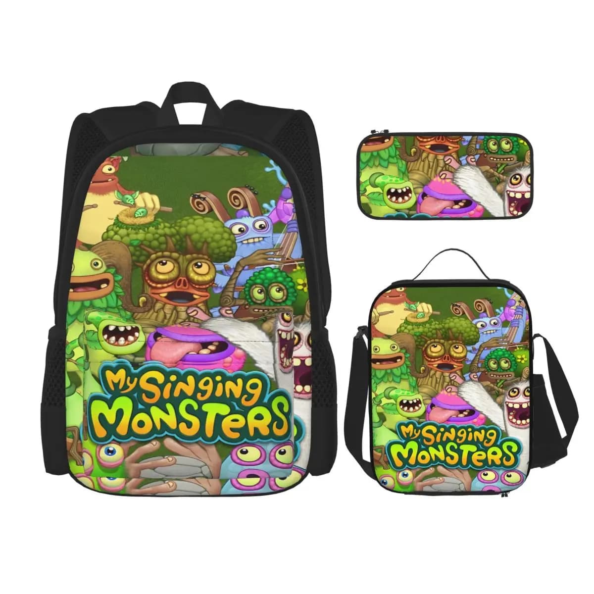 3pecs/set My Singing Monsters Happy Game Backpack for Boys Girls High School Daypack Lunch bag Pencil Case