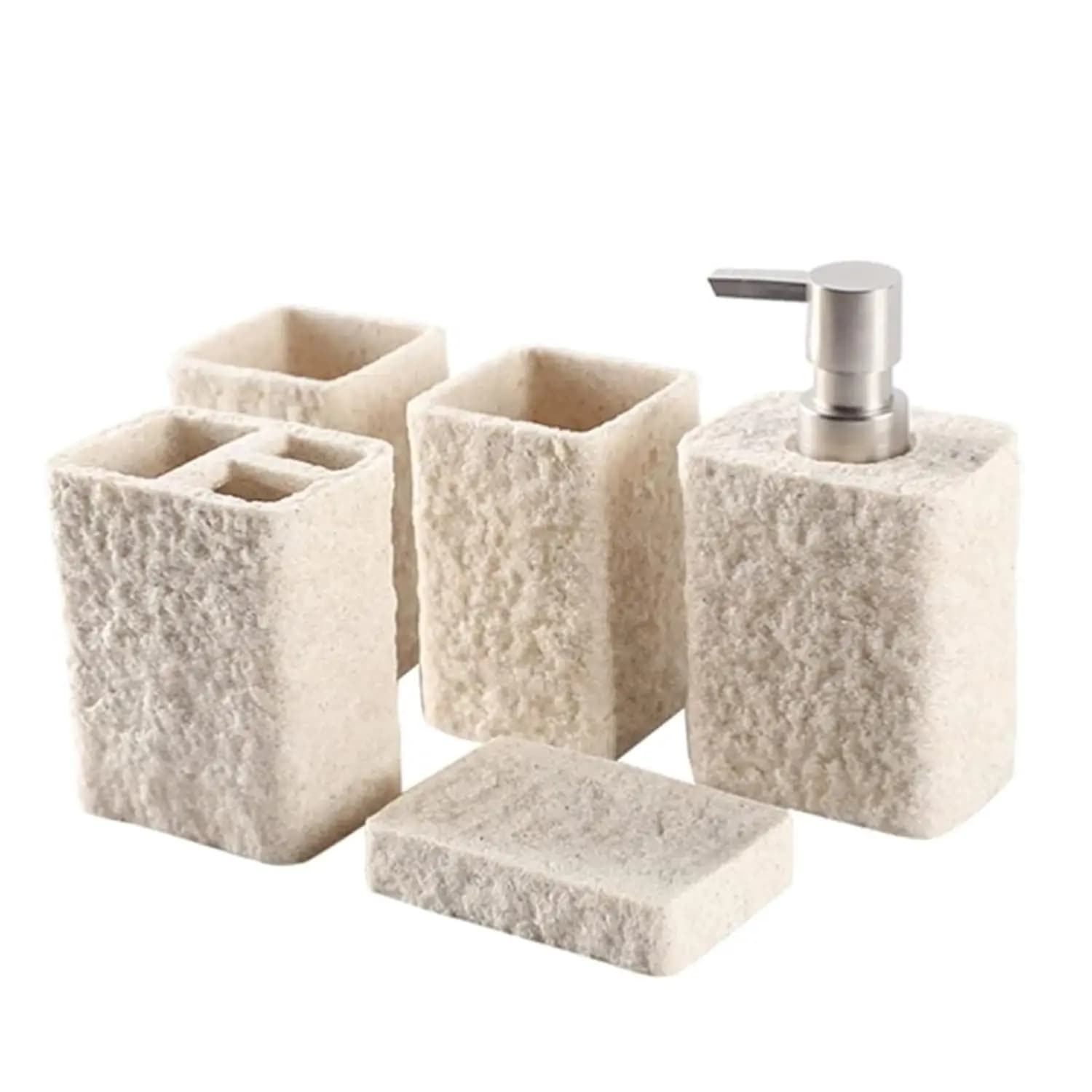 Set di Accessori da Bagno in Arenaria: Dispenser Sapone, Porta Spazzolini, Bicchiere, Vassoio, Personalizzabile