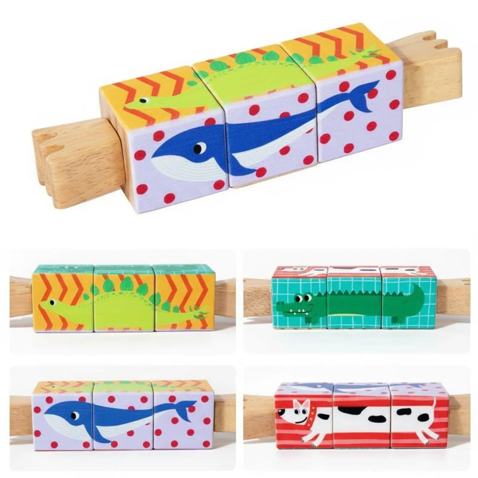 Puzzle Block Creative Rotatable Cartoon Animals Educational Wooden Toy for Developing Child Motor Skills