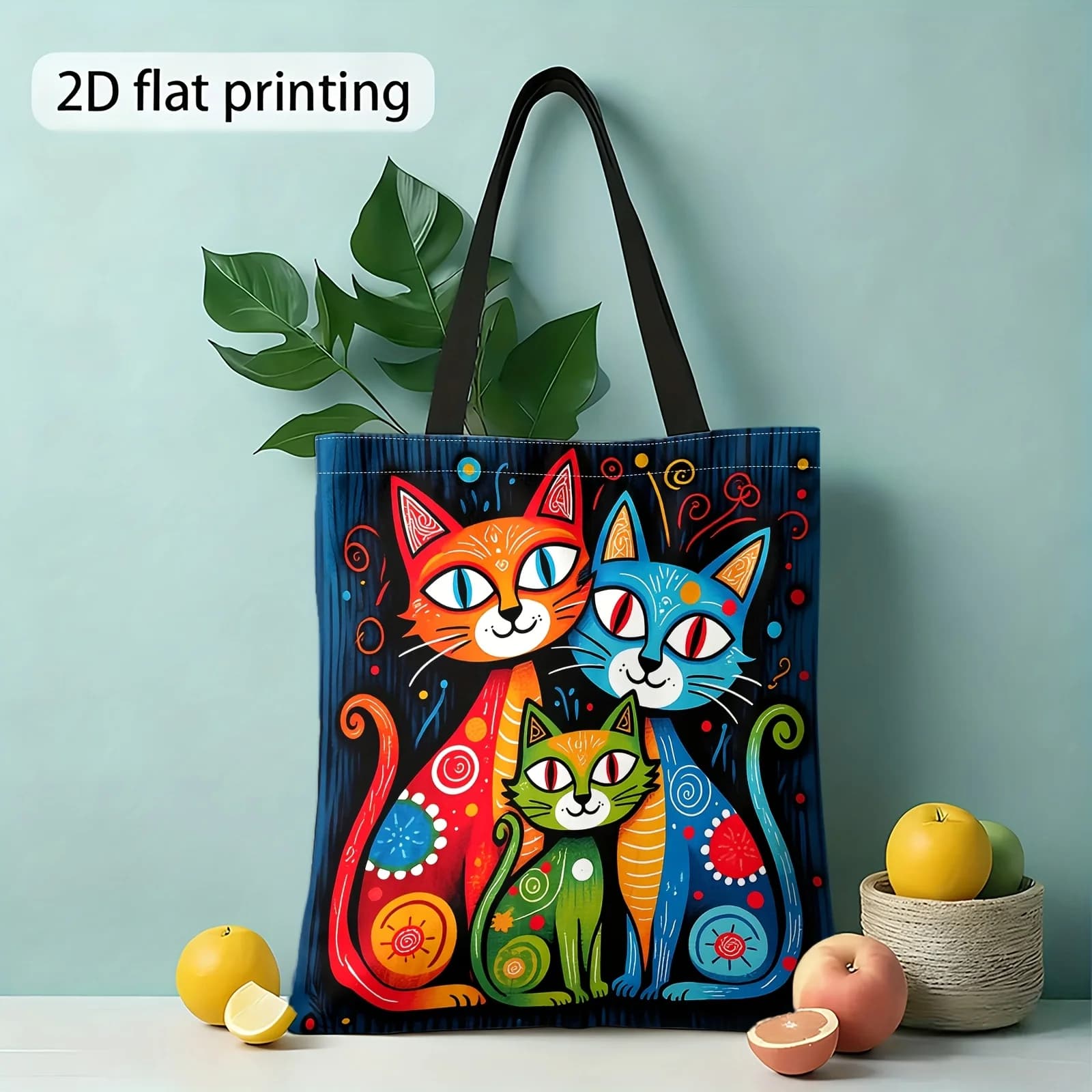 Borsa tote stampata in 2D con motivo gatto colorato, borsa per la spesa riutilizzabile, borsa a tracolla da donna