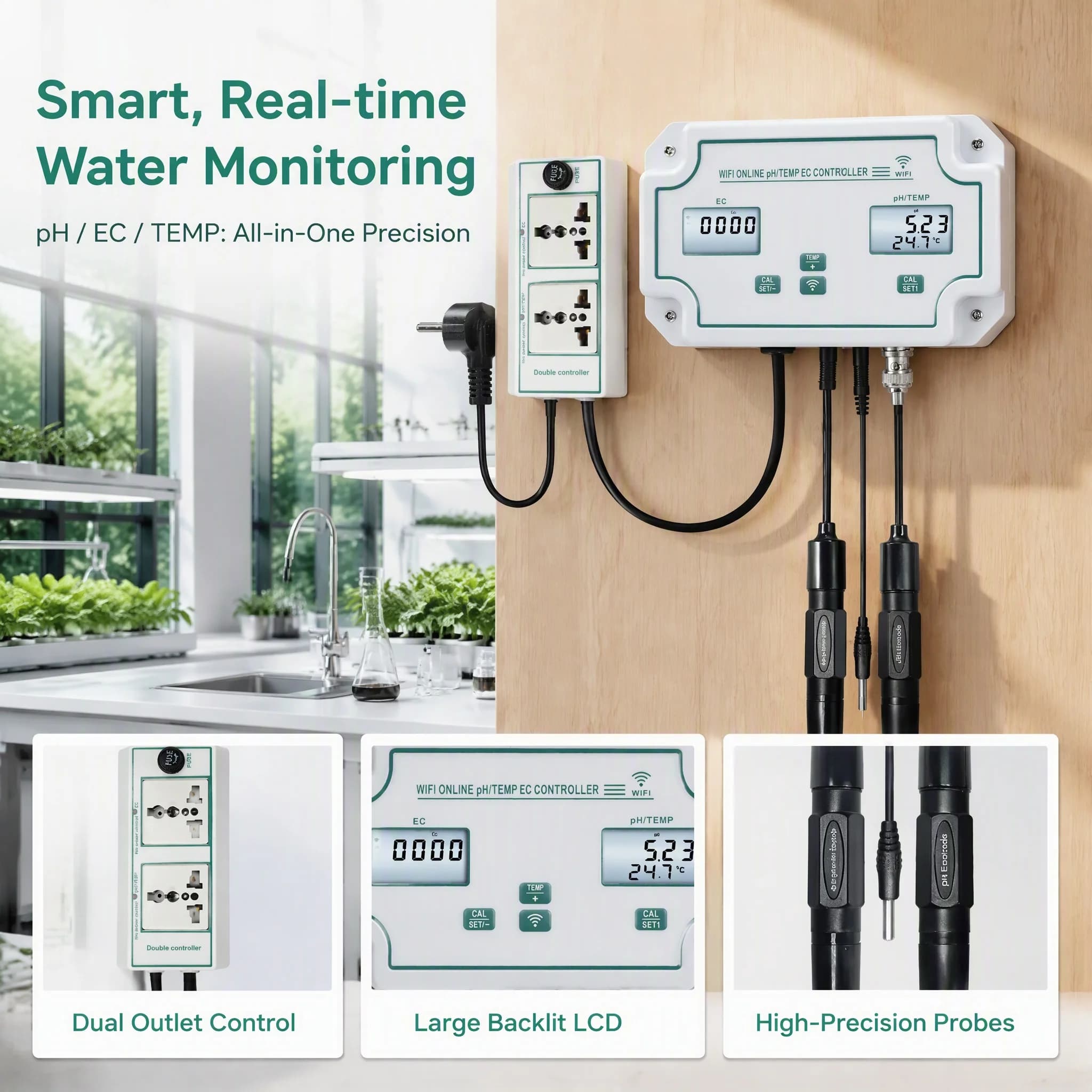 Tuya Wifi Digital 3-in-1 Aquarium PH Controller EC Temperature Meter Water Monitoring System for Pool Fishpond