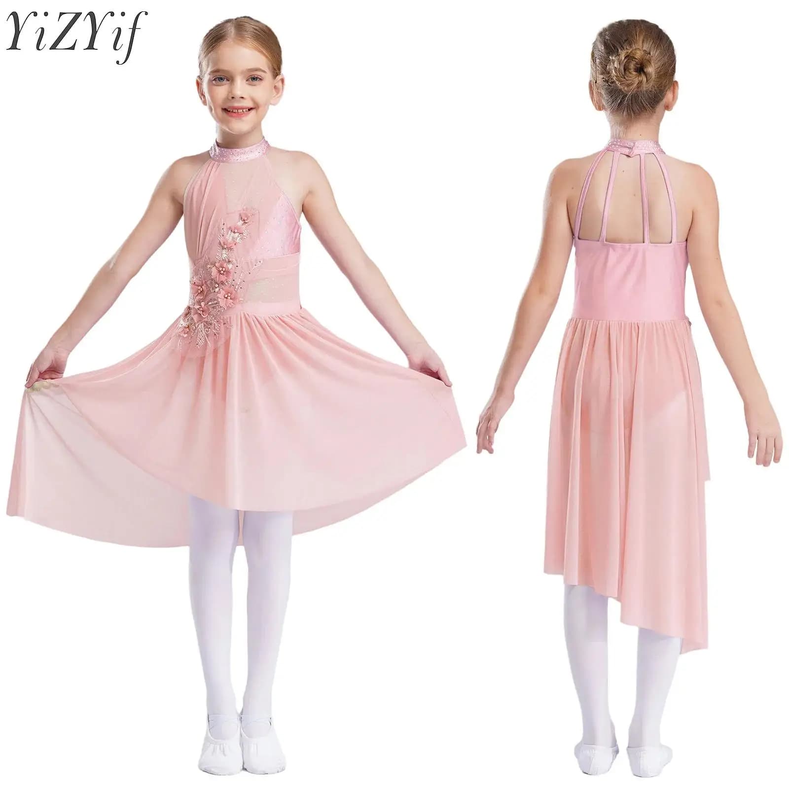 Vestito da ballo lirico per balletto per bambina, strass, senza maniche, orlo irregolare, applique delicata, costumi di scena per pattinaggio su ghiaccio