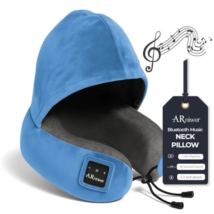 Cuscino da Collo Semicircolare Bluetooth con Cappuccio e Altoparlante Wireless, Adatto per Aereo, Auto, Ufficio e Campeggio all'Aperto