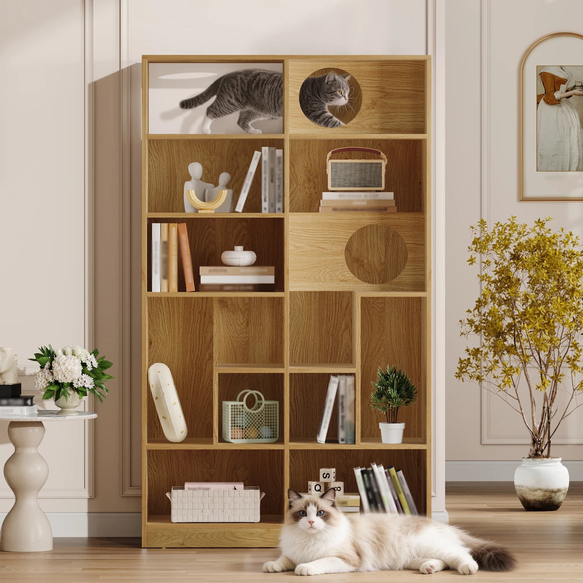 Modern 2 in 1 Wood Bookshelf Cat House, Cat Tree Display Case with Storage, Cat Litter Box Enclosure Climbing Shelf - NATURAL