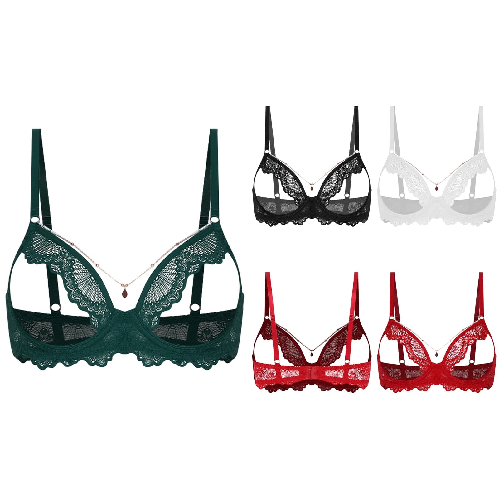 Reggiseno balconette push-up da donna sexy in pizzo floreale con coppe aperte, con ferretto, trasparente, con spalline sottili, non imbottito, lingerie intima