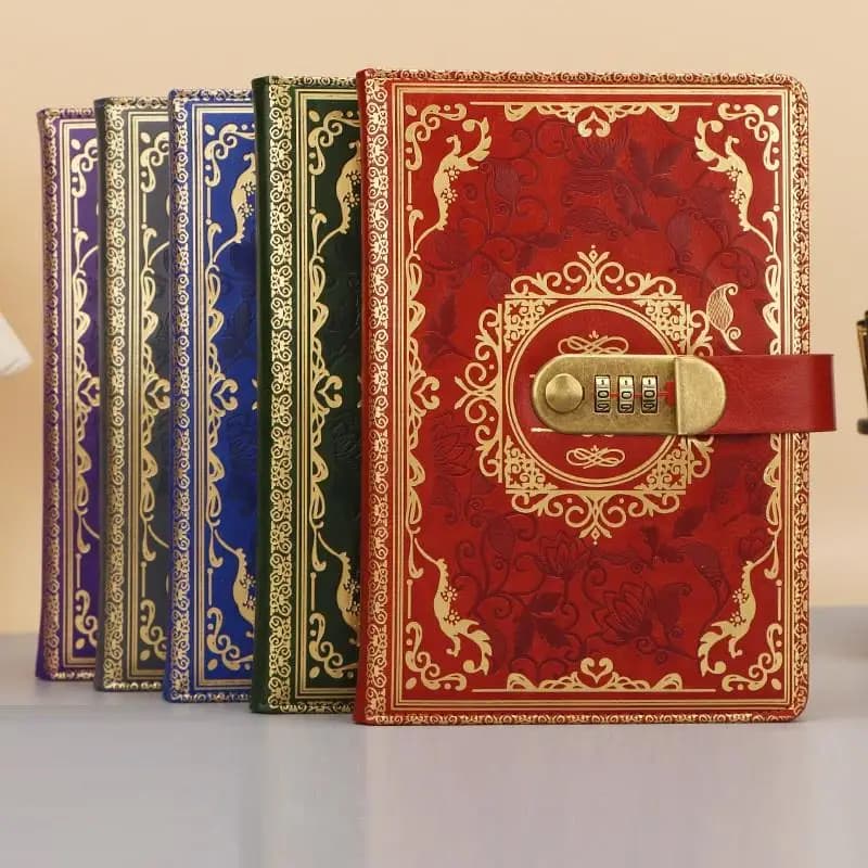 【C】A5 Retro Digital Password Notebook Journal With Lock Diary PU Leather Privacy Notebook Sub-Password Lock Notebook Supplies