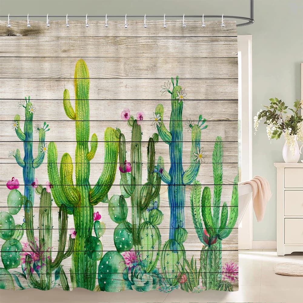 Tenda da doccia in tessuto di poliestere impermeabile con stampa floreale di cactus acquerello e legno rustico, con ganci, ad asciugatura rapida