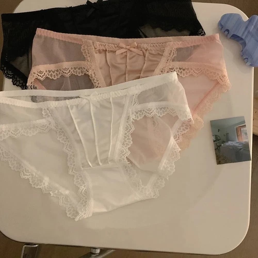 Breathable Low Waist Lace Panties Transparent Bow Mesh Flower Briefs Cotton Crotch Lingerie Underwear for Women Female