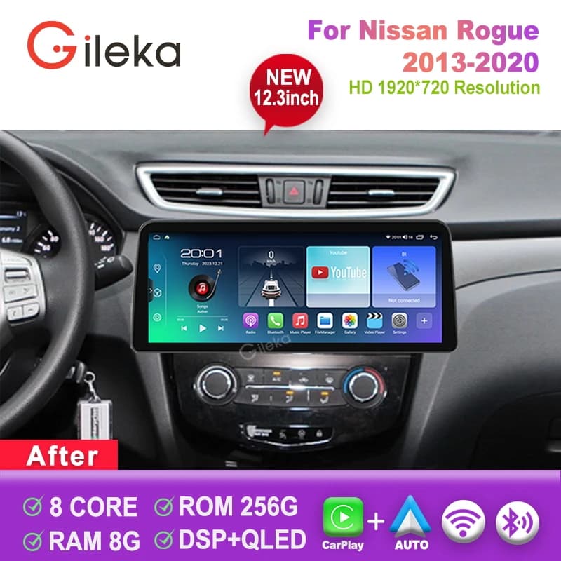 12.3 inch 2K Screen Carplay Screen Android For Nissan Rogue 2013-2020 Car Radio Stereo Multimedia Player GPS WiFi BT