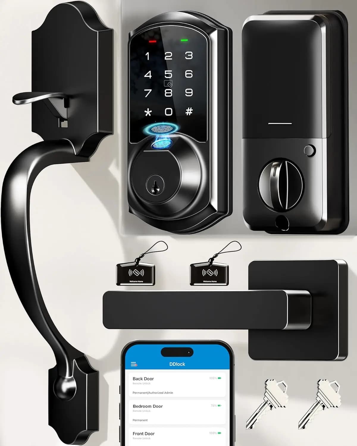 Serratura Intelligente con Impronta Digitale per Porta d'Ingresso con Controllo App, Tastierino, Chiusura Automatica, Nero Opaco