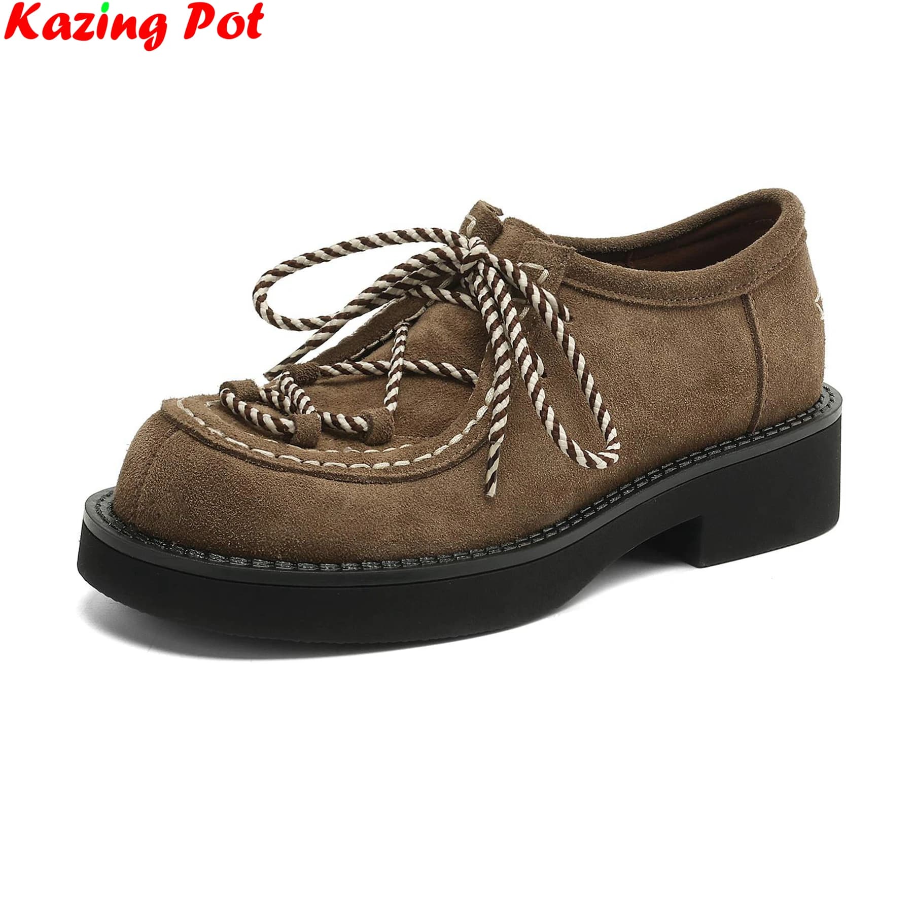 Krazing Pot Scarpe da donna in pelle scamosciata con punta tonda, stringate, con tacco medio, per primavera autunno, mocassini con plateau, casual, per appuntamenti e vacanze, di marca