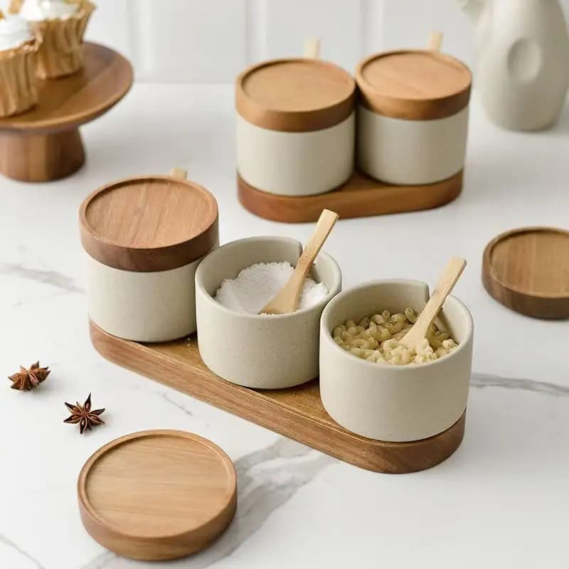 Barattolo di condimento in ceramica vintage in stile giapponese cucina di casa sale peperoncino vaso di zucchero pentola di olio coperchio in legno utensili da cucina per spezie moderni