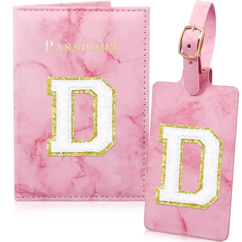 Copertina per Passaporto Rosa, Porta Passaporto Carino per Viaggi, Set Etichette Bagaglio con Iniziale Monogramma, Lettera, Marmo, Aereo, Viaggio