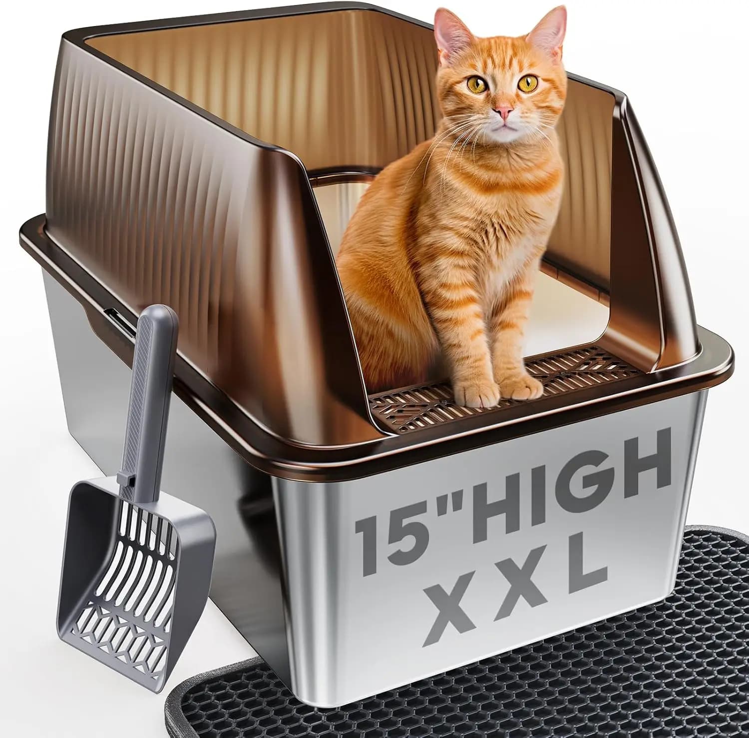 Lettiera per Gatti XL da 15 Pollici in Acciaio Inossidabile con Coperchio, Bordi Alti, Anti-Perdita, Facile da Pulire, Include Paletta