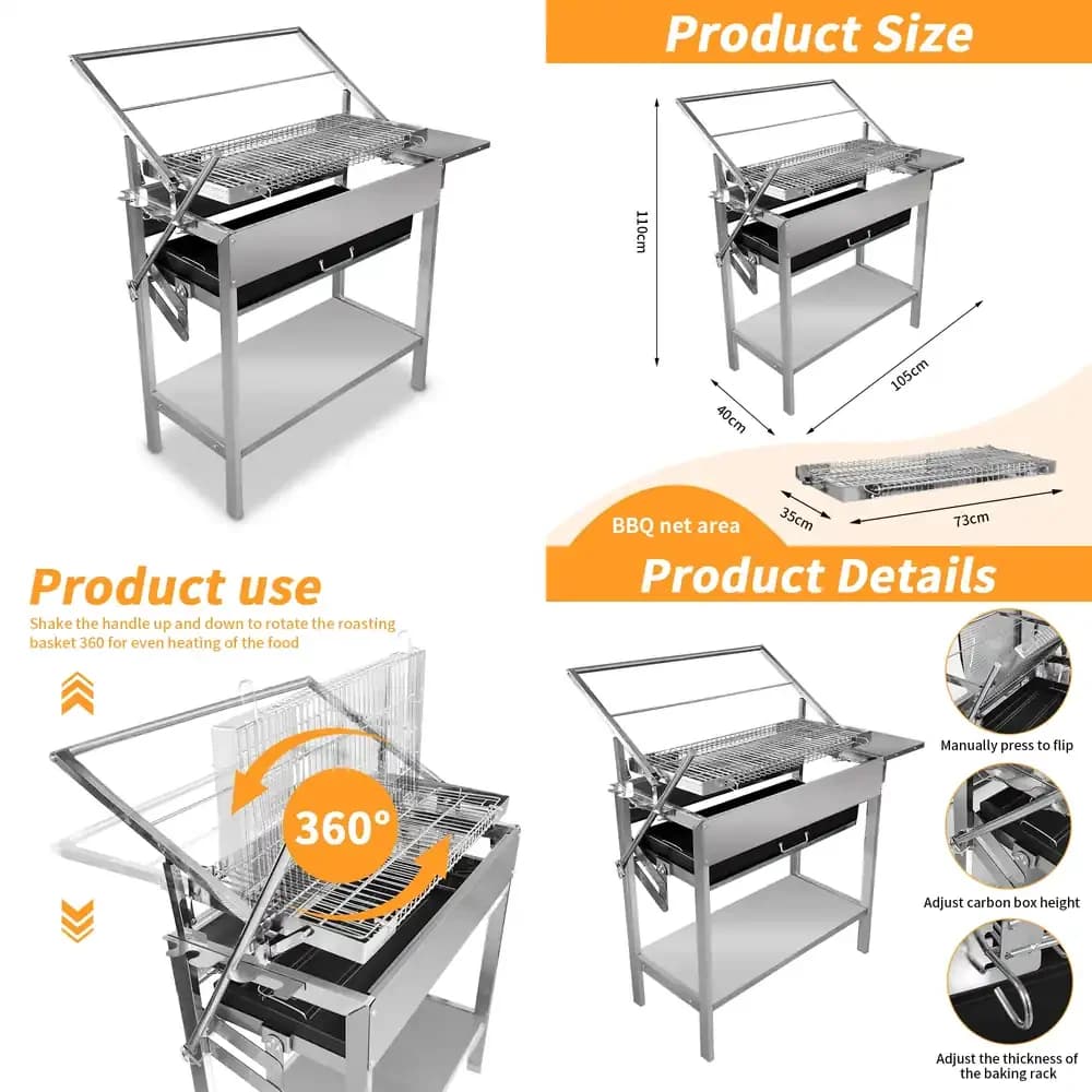 HDT01 Stainless Steel Rotating Grill Adjustable Tray Non-Stick Suace Easy Flip Design for Camping Home Use Charcoal BBQ Grill