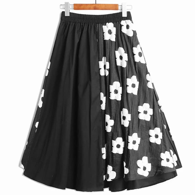 Dark Style Floral Patchwork A-Line Skirt Women's High Waist Midi Umbrella Skirt Commute Korean Style Spring Season
