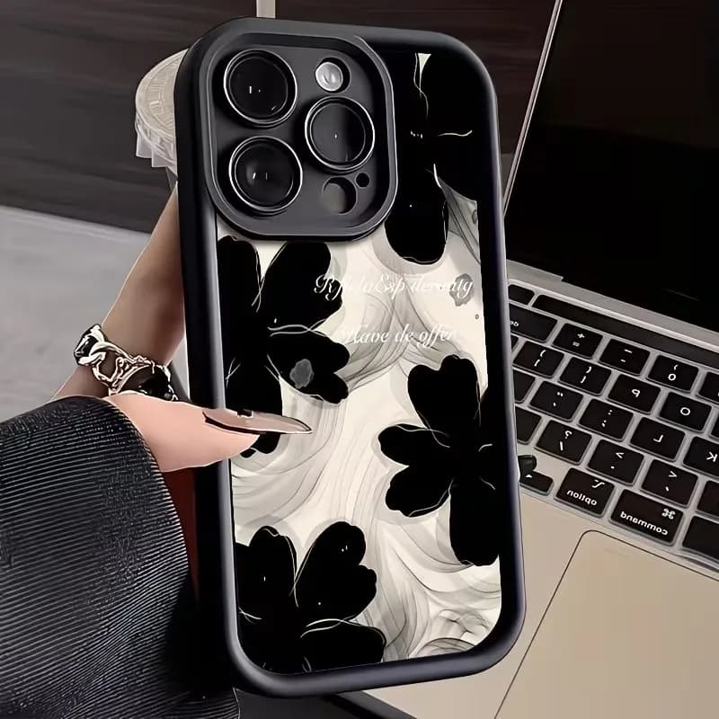 Custodia per telefono in TPU morbido con airbag e motivo floreale inchiostro nero per iPhone 17 16 15 14 13 12 11 Pro Xs Max Plus Air Mini XR X 17e 16e Cover posteriore