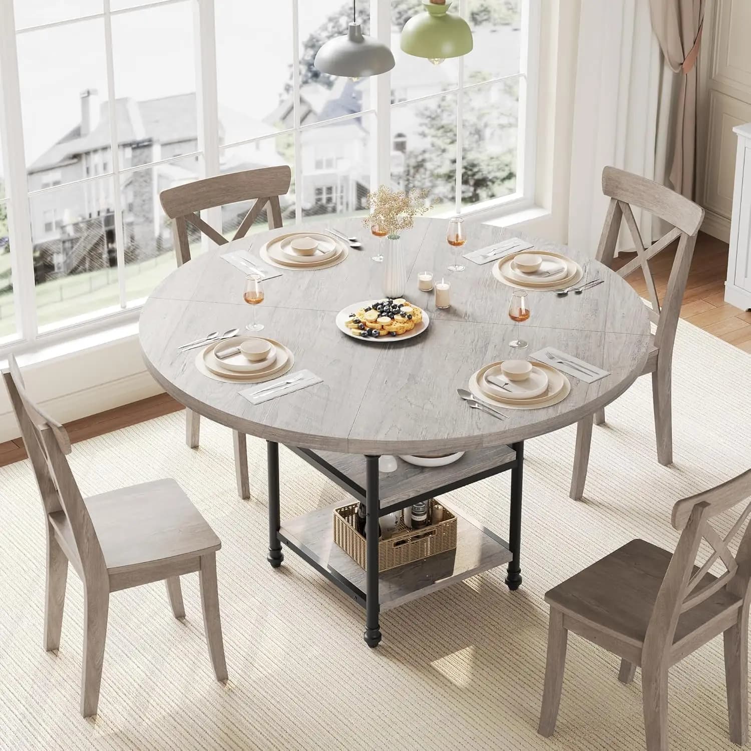 (Solo tavolo) Tavolo da pranzo rotondo da 47" per 6 persone con ripiani portaoggetti e gambe romane in metallo, per cucina, sala da pranzo e soggiorno
