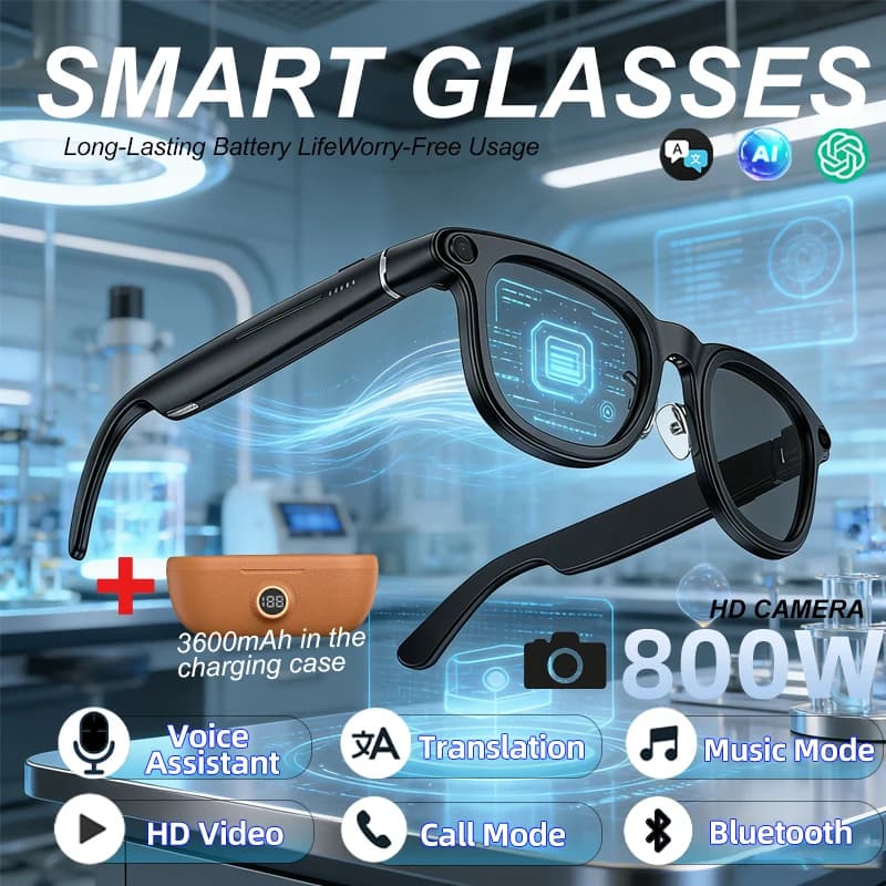 Nuovi Occhiali Smart 2026 con Trasmissione WIFI, Assistente Vocale AI, Chiamate Bluetooth, Fotocamera 800W + Vano di Ricarica da 3600mAh