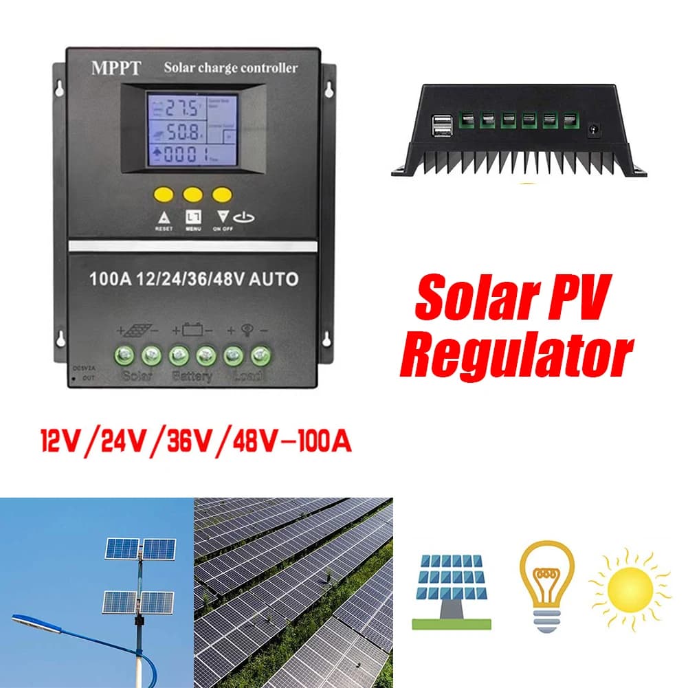 Regolatore di Carica Solare MPPT 100A con Display LCD, Regolatore per Pannelli Solari con Doppia USB 12V 24V 36V 48V