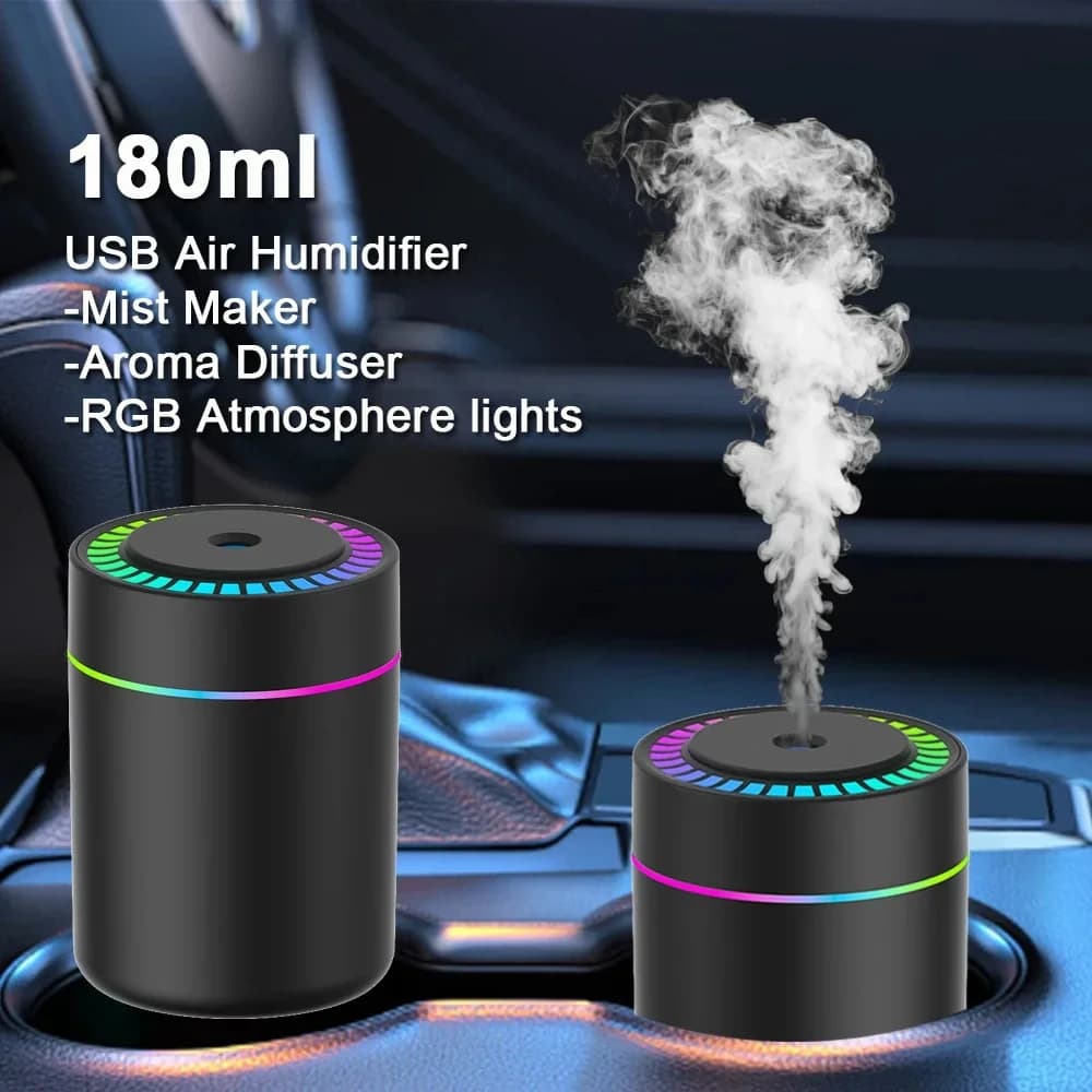 Mini USB electric humidifier, aroma diffuser, essential oils purifier with lights and nebulizer for car, home and bedroom