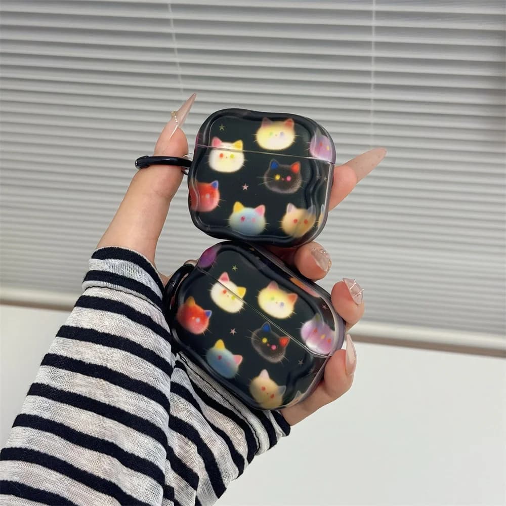 Cute Colored Cat Face Earphone Case For Airpods 4 Pro 3 2 2nd Pro3 Pro2 Wireless Headphone Back Protection Wave Headset Cover