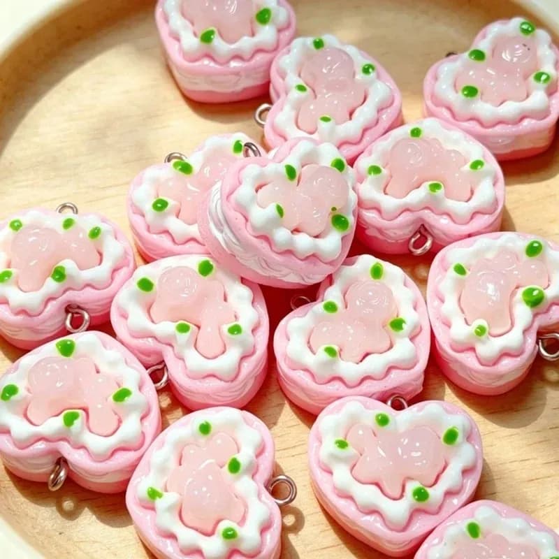 10Pcs Kawaii 3D Pink Heart Rose Flower Cake Resin Charms Mini Sweet Food Pendants DIY Earrings Keychains Jewelry Supplies