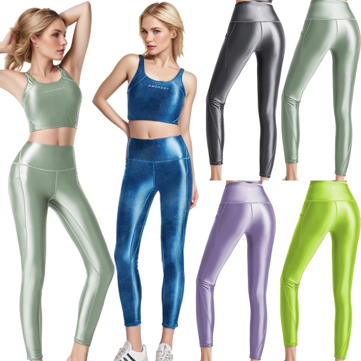 AMORESY Donna Spandex lucido Vita alta Stretch Corsa Bodybuilding Fitness Legging piatto Jogging Yoga Sport Pantaloni alla caviglia