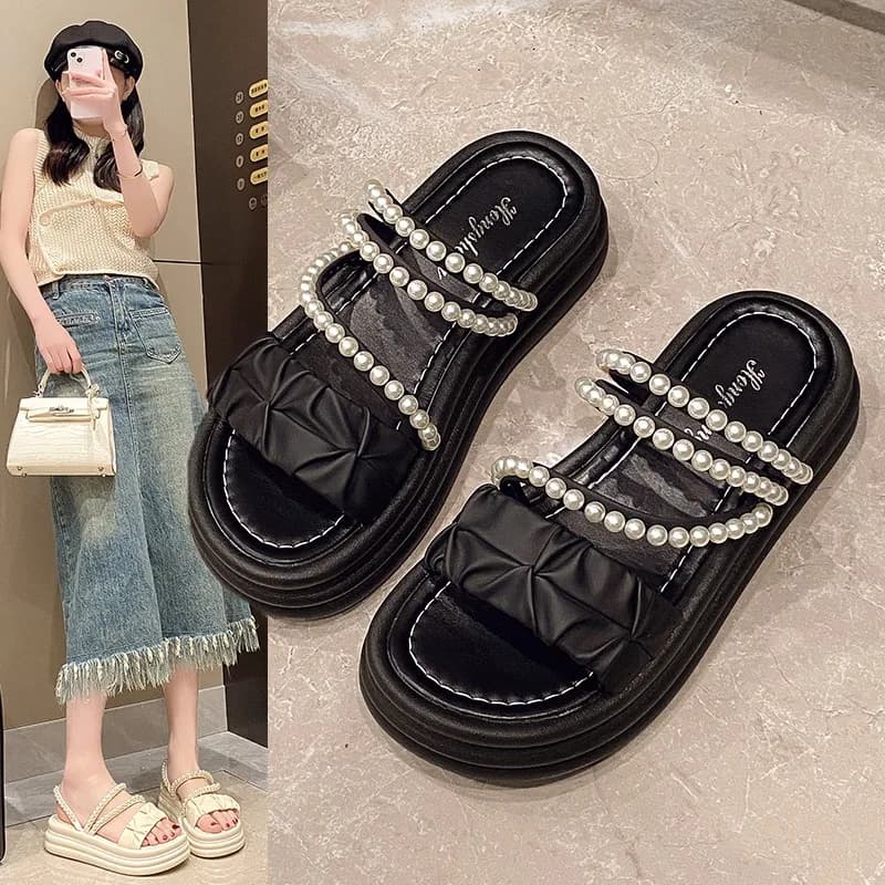Summer Thick Bottom Roman Beaded Sandal Slippers For Women, Sweet Elegant Design, Comfortable Soft Sole Casual Fashion Footwear