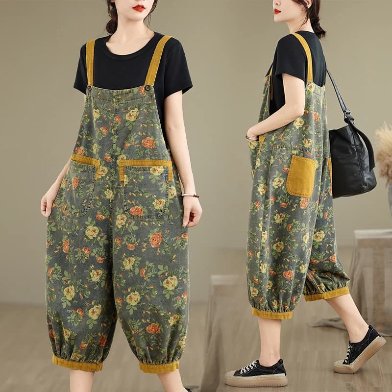 Moda Stampa floreale Y2K Tute di jeans Donna Estate Streetwear Cargo Pantaloni larghi a gamba larga Patchwork Mamma Jeans Tute da donna