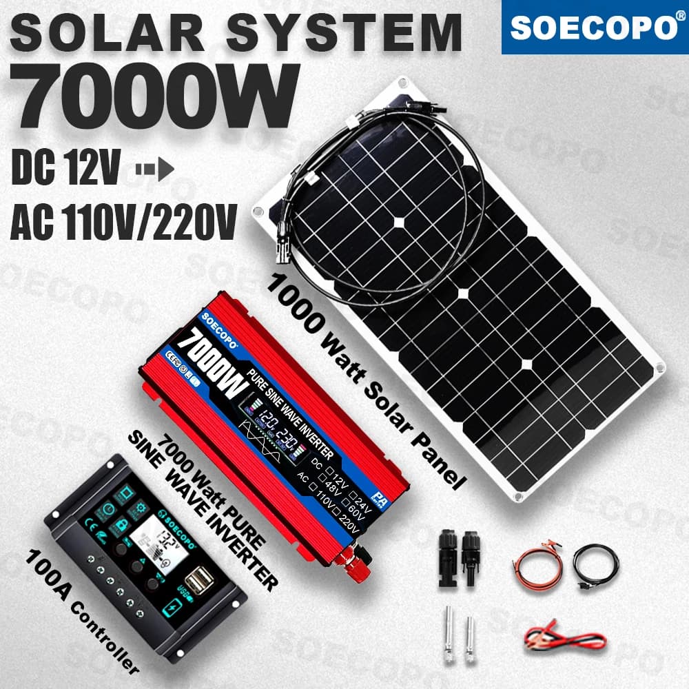 Inverter a Onda Sinusoidale Pura 7000W, Kit Sistema Solare con Regolatore 100A, DC12V AC110 220V, Pannello Flessibile per Camper, Barca, Campeggio, Fotovoltaico