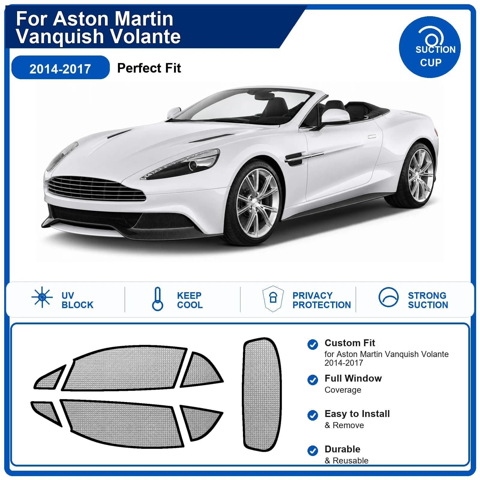For Aston Martin Vanquish Volante 2014-2017 Custom Full Set Windshield Sun Shade Aluminum Foil Heat Insulation Anti UV Foldable