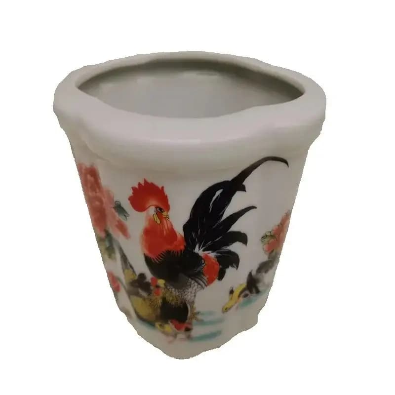 China old Porcelain Flower Pot white Pink Big rooster little chick Patterned Indoor Outdoor Plant Pot