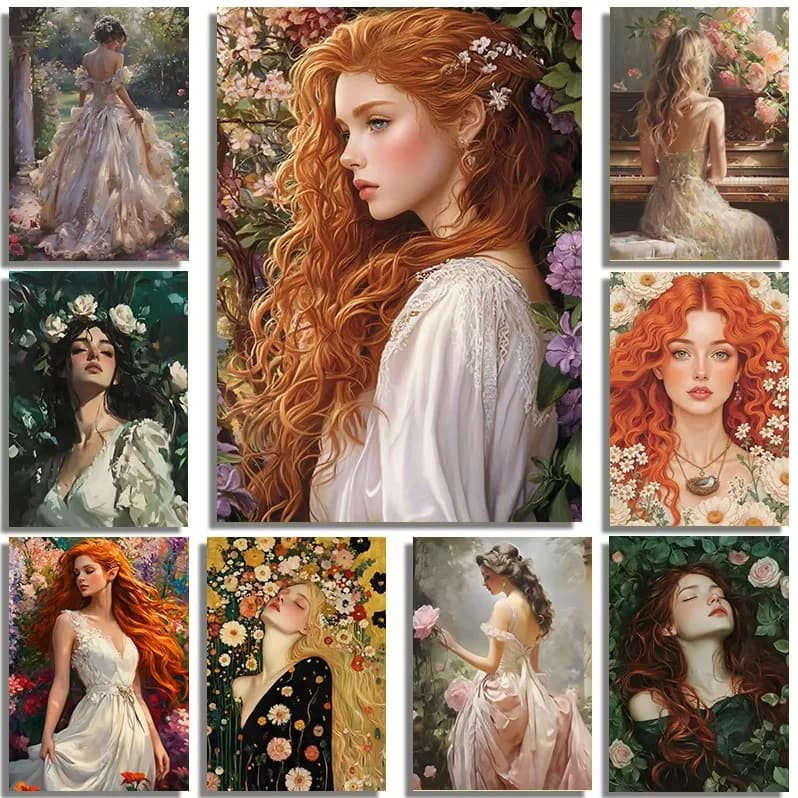 Kit Pittura Diamantata: Ritratto Artistico Ragazza in Giardino di Rose Romantico, Stile Mosaico Punto Croce per Decorazione Parete Camera da Letto e Divano